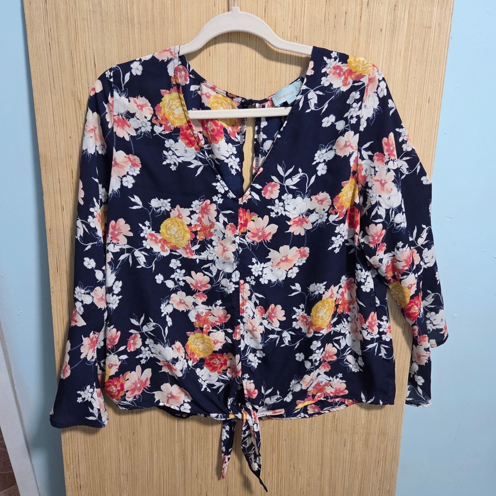 Veronica M Navy Floral Bell Sleeve Tie Front V-Neck Blouse Top Womens Medium